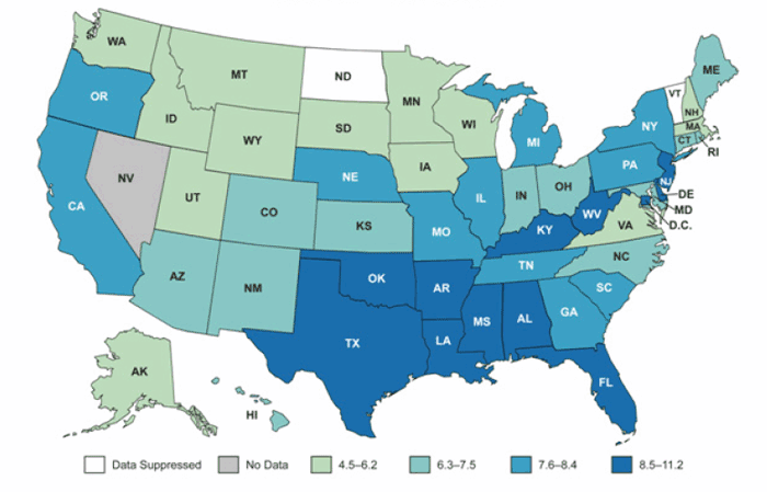 Figure 1. United States cervical cancer incidence rates[1], by state, 2007. [1]Rates are per 100,000 and are age-adjusted to the 2000 US standard population. [2]Source:US Cancer Statistics Working Group. United States Cancer Statistics: 2003 Incidence and Mortality (preliminary data). Atlanta (GA): US Department of Health and Human Services, Centers for Disease Control and Prevention, and National Cancer Institute; 2006.