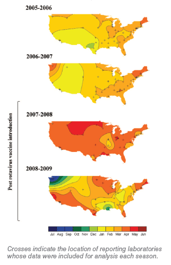 Figure 1.The peak month of rotavirus activity in the United States by surveillance year during July 2005 through June 2009. 