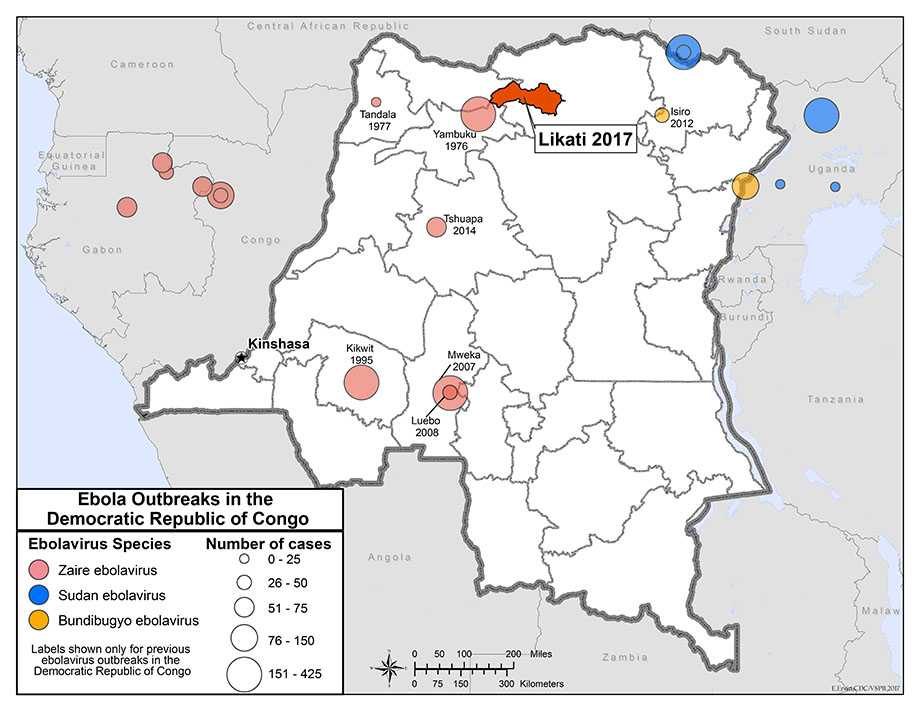 The map shows the country of Democratic Republic of Congo, located in Cental Africa, and indicates outbreaks of Ebola that have happened there. The maps indicates outbreaks of Ebola in Yambuku in 1976, Tandala in 1977, Kikwit in 1995, Mweka in 2007, Luebo in 2008, Isiro in 2012, Tshuapa in 2014, and, presently, in Likati in 2017. All outbreaks were of the Ebola Zaire subtype, except for the Isiro outbreak, with Ebola Bundibugyo. All outbreaks of Ebola Zaire were between 51-75 cases; the Isiro outbreak was from 26-50 cases.