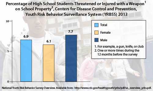 Percentage of High School Students theatened or injured with a weapon on school property, Male: 7.7, Female: 6.1, Total: 6.9