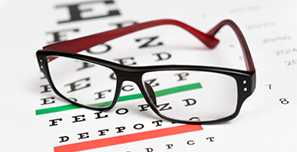 eyeglasses on an eye exam chart