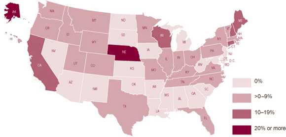 Map: Percentage of births at Baby-Friendly facilities in 2011, by state