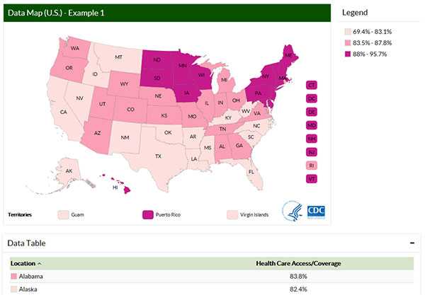 Screenshot of an interactive data map (United States) as used on an example web page.