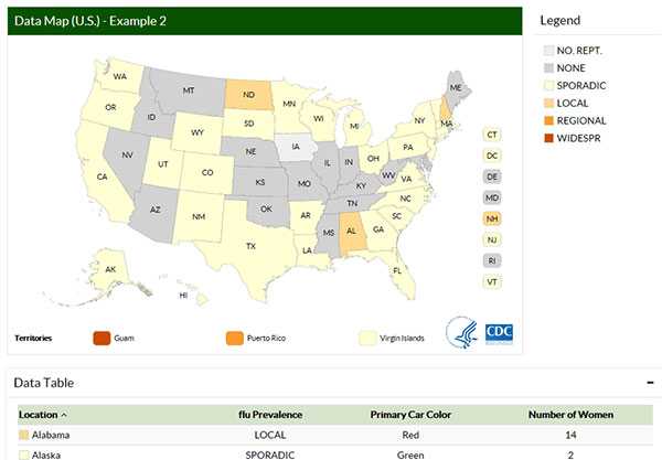 Screenshot of the interactive data map (United States) used on an example web page.