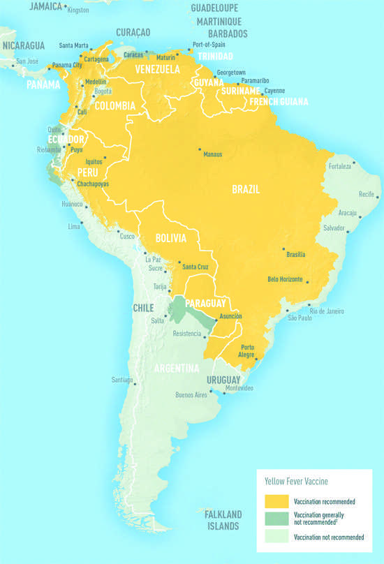 Map: South America showing areas at risk for Yellow Fever Transmision in Columbia, Venezuela, Guyana, Suriname, French Guiana, Brazil, Paraguay, and parts of Ecuador, Peru, Bolivia, Argentina, and Uruguay