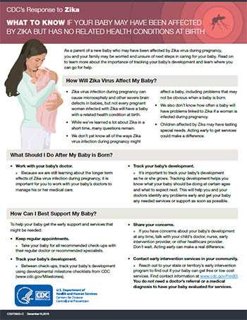What to Know if your baby may have been affected by Zika but has no related health conditions at birth fact sheet thumbnail