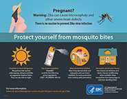 Afiche - ¿Embarazada? Advertencia: El virus del Zika puede estar asociado a defectos congénitos. No existe una vacuna para prevenir la infección por el virus del Zika. Protéjase de las picaduras de mosquitos
