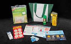 Zika virus prevention kit.  Items include a mosquito net, insect repellant, condoms, and brochures & posters on zika virus