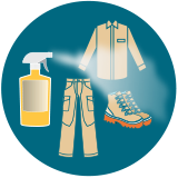 a bottle of insect repellent shown spraying clothing