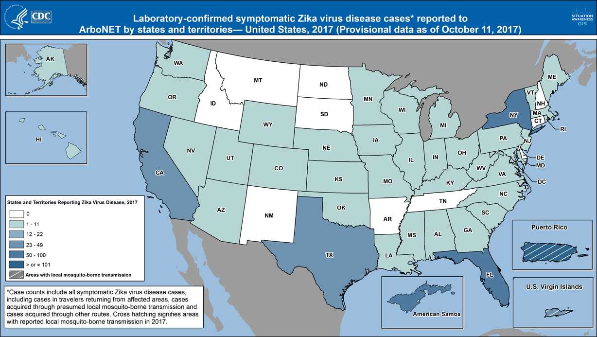 Mapa de casos de enfermedad por el virus del Zika sintomática confirmados por laboratorio reportados a ArboNET por estados y territorios