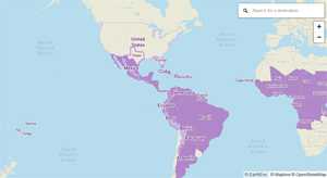 World map showing all countries and territories with risk of Zika