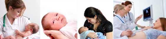 Serie de fotografías que muestran bebés, mujeres y médicos
