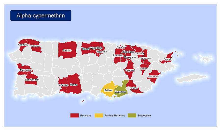 •	Map of insecticide resistance to Alpha-Cypermethrin  in Puerto Rico.
