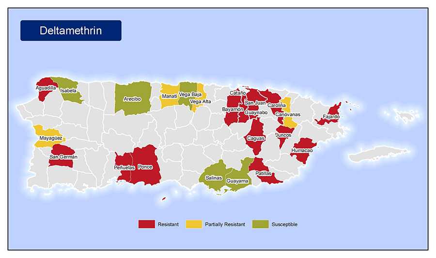 •	Map of insecticide resistance to Deltamethrin in Puerto Rico.
