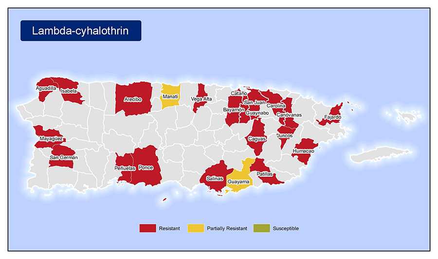 •	Map of insecticide resistance to Lambda-cyhalothrin in Puerto Rico.