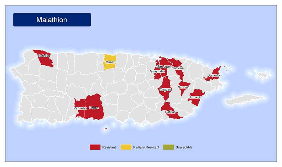 •	Map of insecticide resistance to Malathion in Puerto Rico.