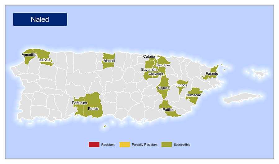 •	Map of insecticide resistance to Naled in Puerto Rico.