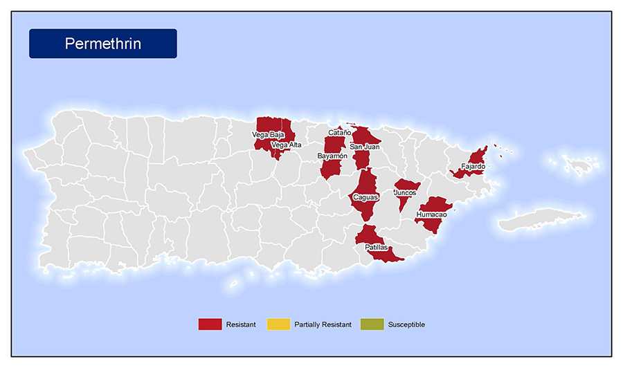 •	Map of insecticide resistance to Permethrin in Puerto Rico.