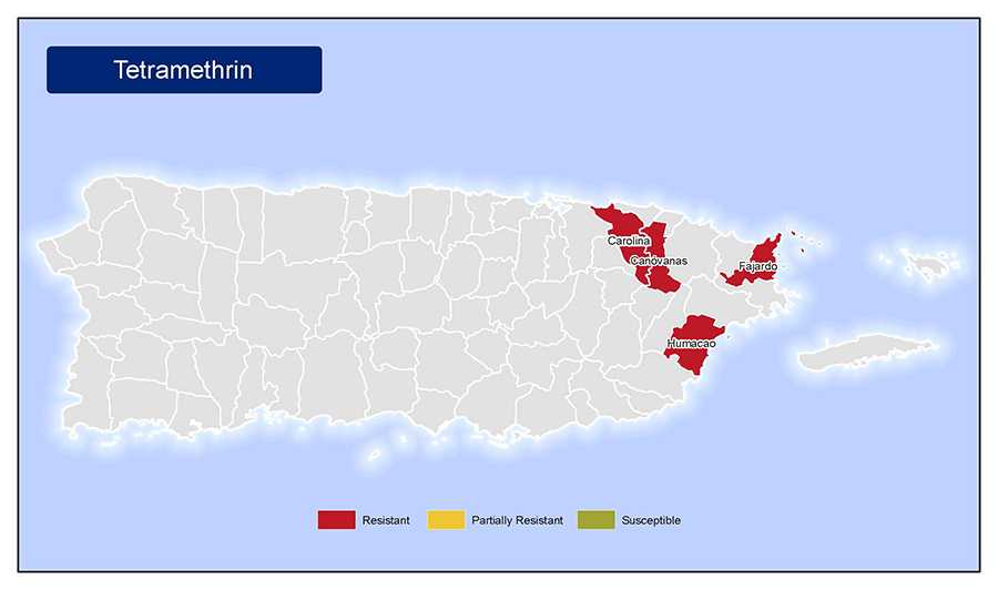 Map of Puerto Rico showing municipalities in Puerto Rico where mosquitoes are resistant to tetramethrin.  Those municipalities are: Carolina, Canovanas, Humacao, and Humacao  