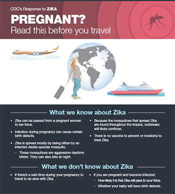 Infographic: Zika. Pregnant? Read this before you travel. What we know about Zika. Zika can be spread from a pregnant mother to her baby during pregnany. Infection during pregnancies may be linked to birth defects in babies. Zika is spread mostly by being bitten by an infected Aedes species mosquito. These mosquitoes are aggressive daytime biters. They can also bite at night. To date, there has been no local transmission of Zika in the United States. Because the mosquitoes that spread Zika are found throughout the tropics, outbreaks will likely continue. There is no vaccine to prevent or medicine to treat Zika.  What we don't know about Zika.  If there's a safe time during your pregnancy to travel to an area with Zika. If you are pregnant and become infected: How likely you are to get Zika, How liekly it is that the virus will infect your baby, how likely is it that the baby will develop birth defects fromt he infection