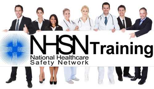 Healthcare workers holding a sign: NHSN Training